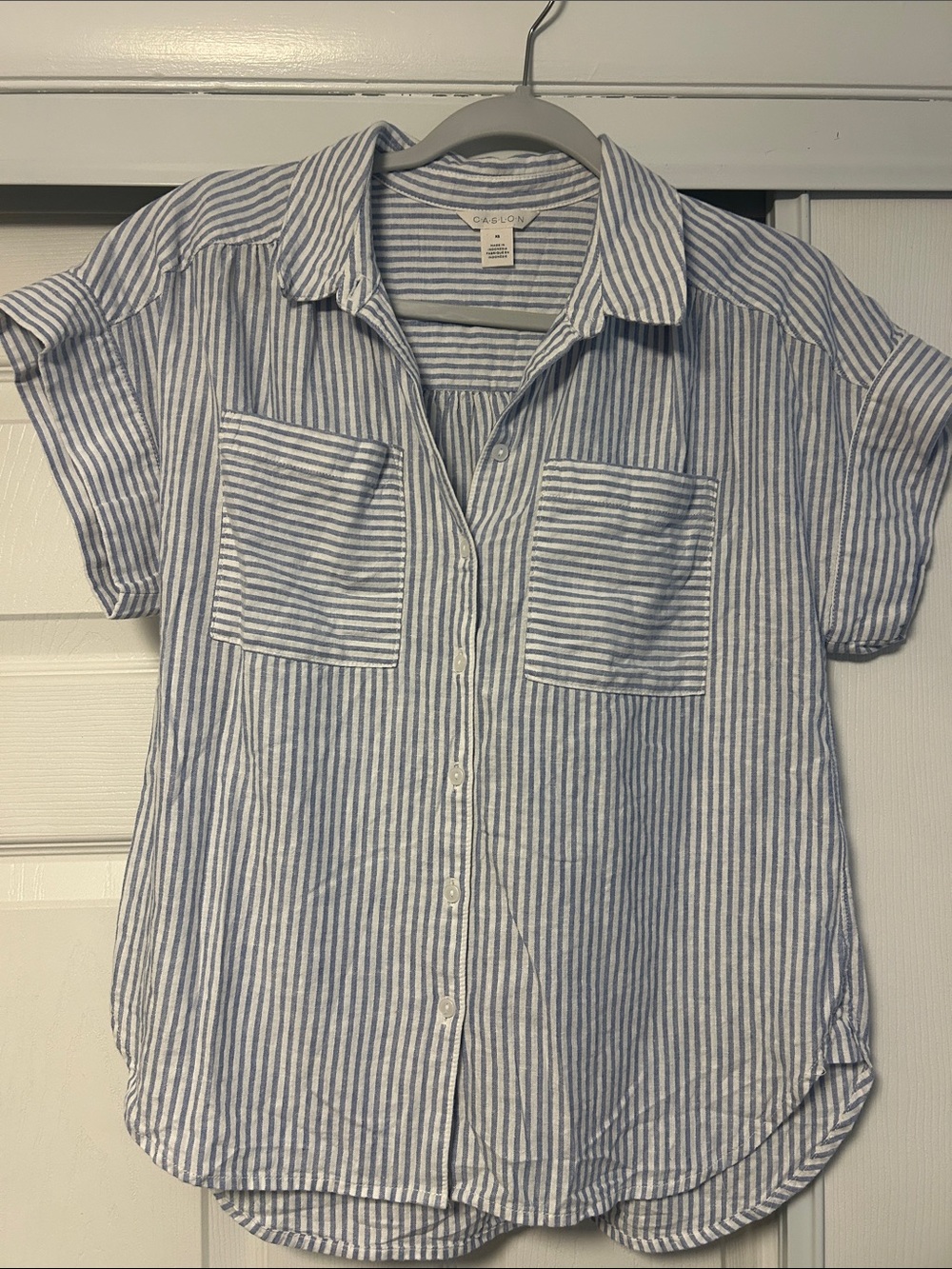 Caslon Blue and White Striped Short-Sleeve Button Front Shirt
